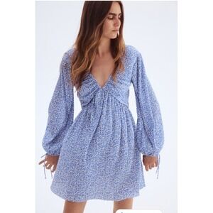 H&M Plissé Floral Milkmaid Babydoll Mini Dress XS Blue Cottagecore Coquette Y2K